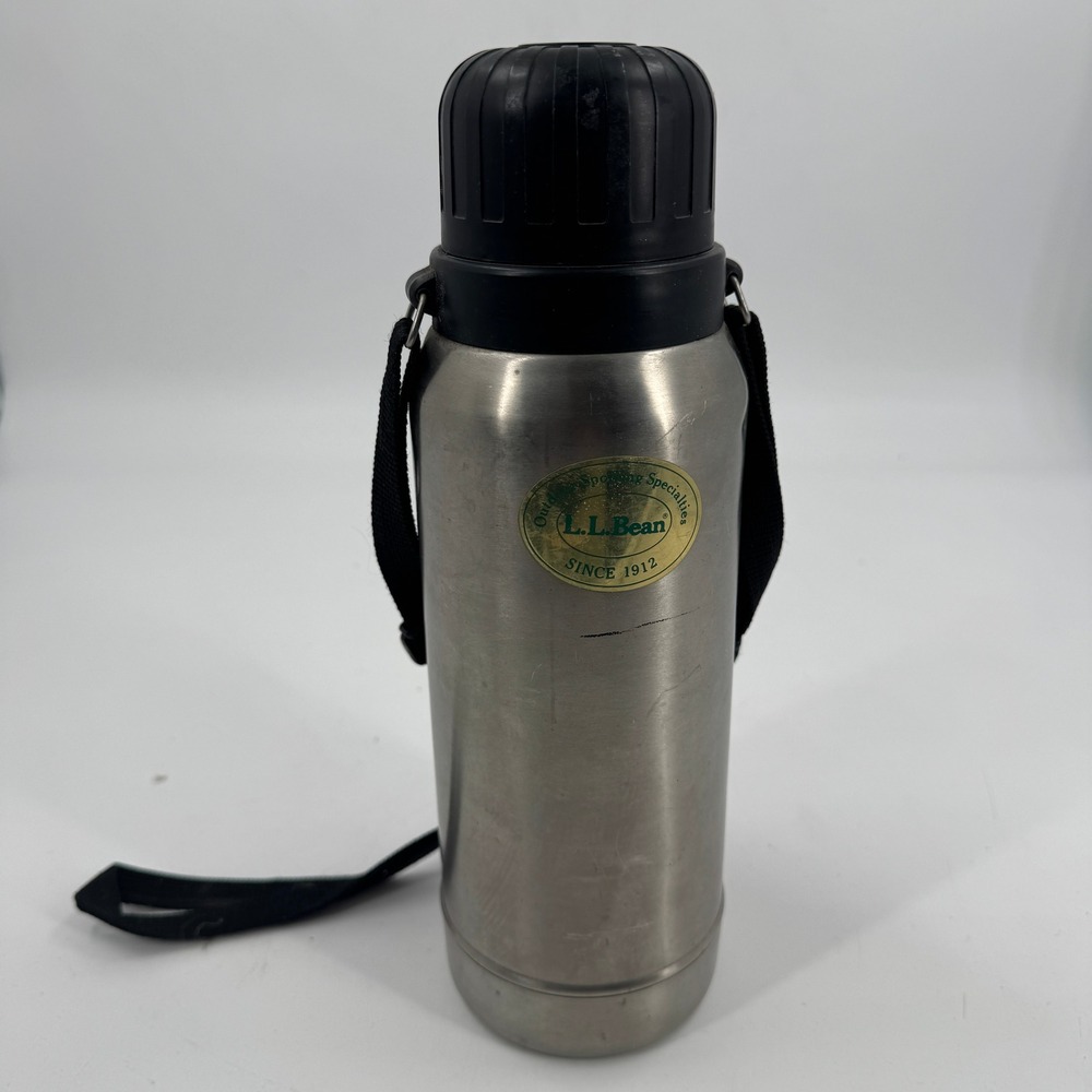 LL Bean Thermos Flask Silver Stainless Steel Vintage Vacuum Bottle Strap
